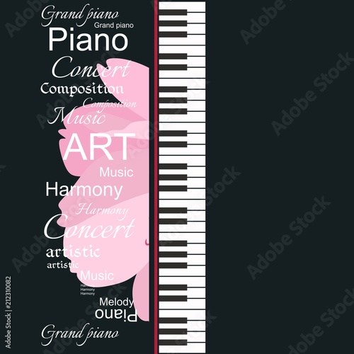 Musical banner with piano keyboard, abstract text and gentle pink petals of cosmos flower on black background.