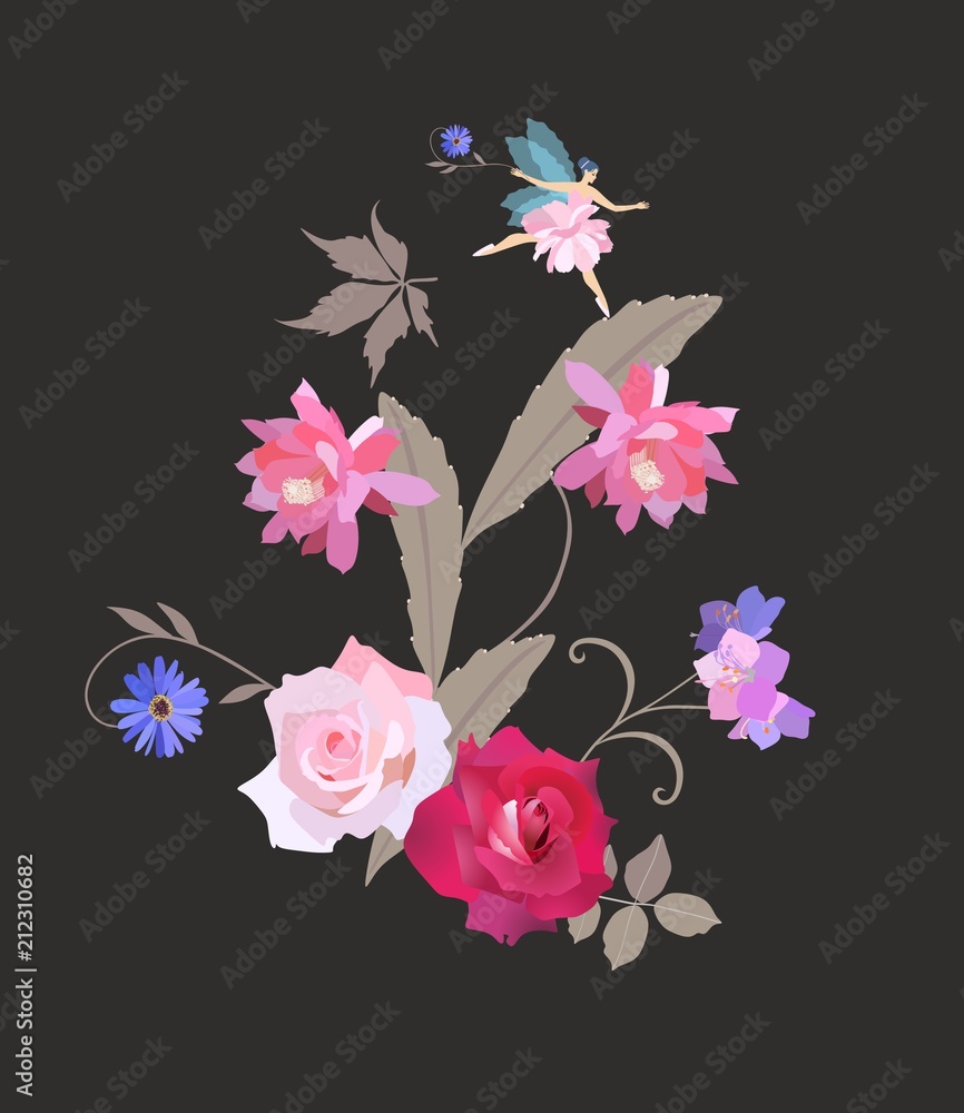 Little winged fairy fluttering over a beautiful bouquet of garden flowers. Beautiful congratulatory or invitation card in vector. Little winged fairy fluttering over a beautiful bouquet of garden flowers. Beautiful congratulatory or invitation card in vector.