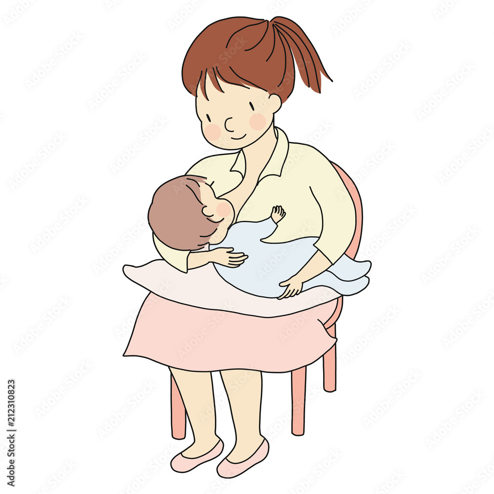 Vector illustration of mother holding baby in arms and breastfeeding.  Family concept - mom & kid, heath, lactation, happy mother's day. Cartoon  character drawing. Stock Vector | Adobe Stock