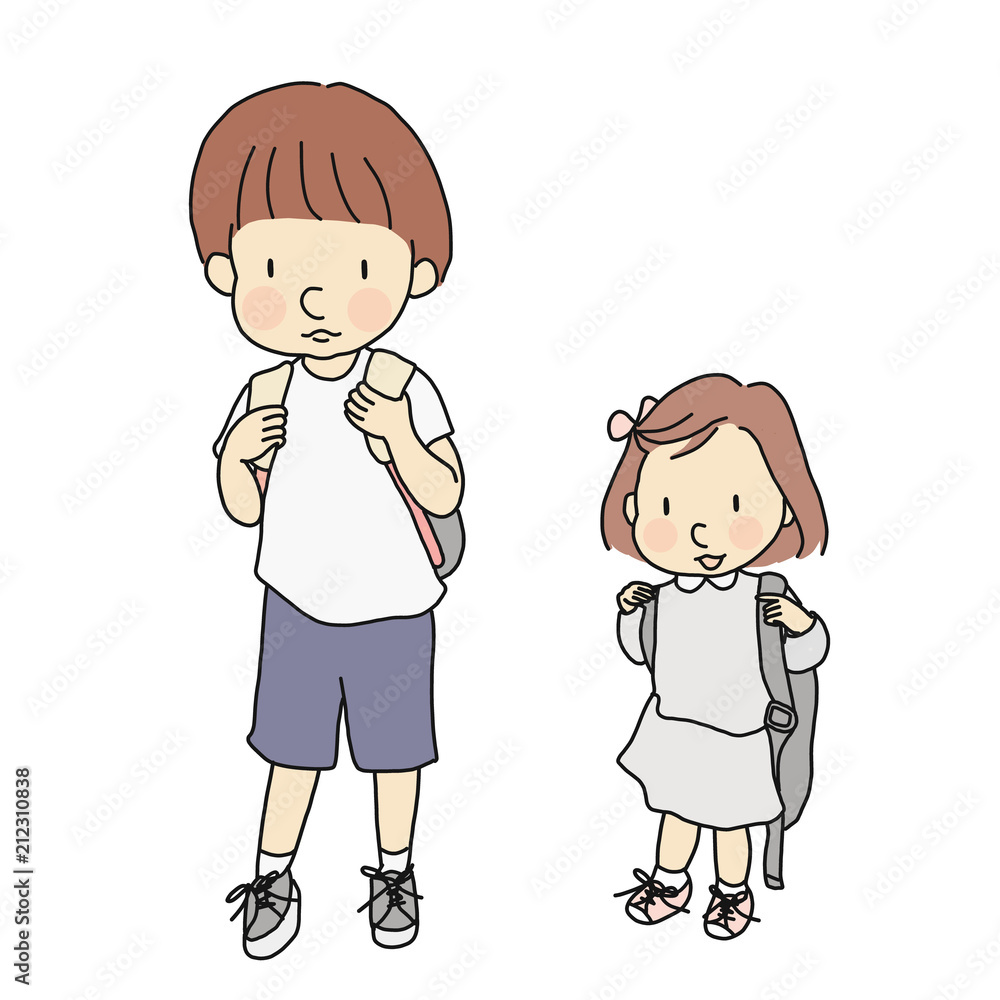 Vector illustration of little kids carrying school backpack. Early