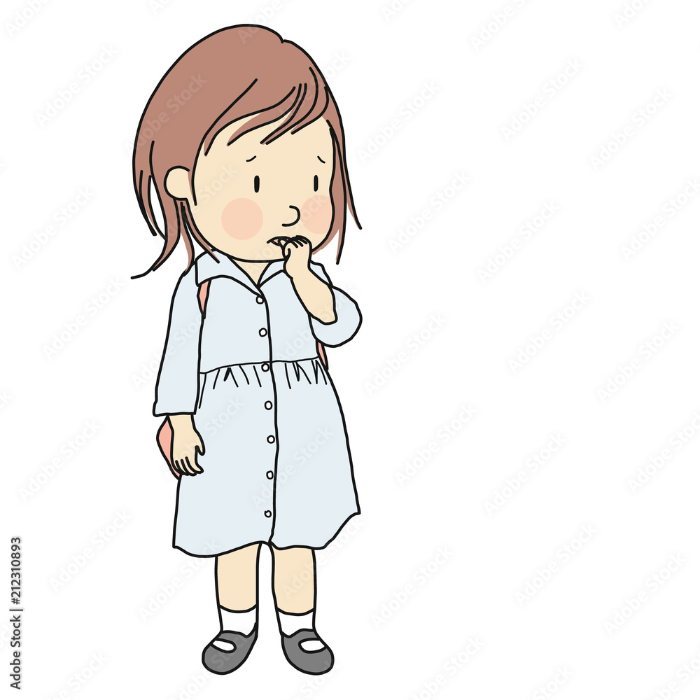 Vector illustration of little kid biting her nail to relieve anxiety, loneliness, stress. Early childhood development, nervous habit, emotional and behavior problem concept. Cartoon character design. Vector illustration of little kid biting her nail to relieve anxiety, loneliness, stress. Early childhood development, nervous habit, emotional and behavior problem concept. Cartoon character design.