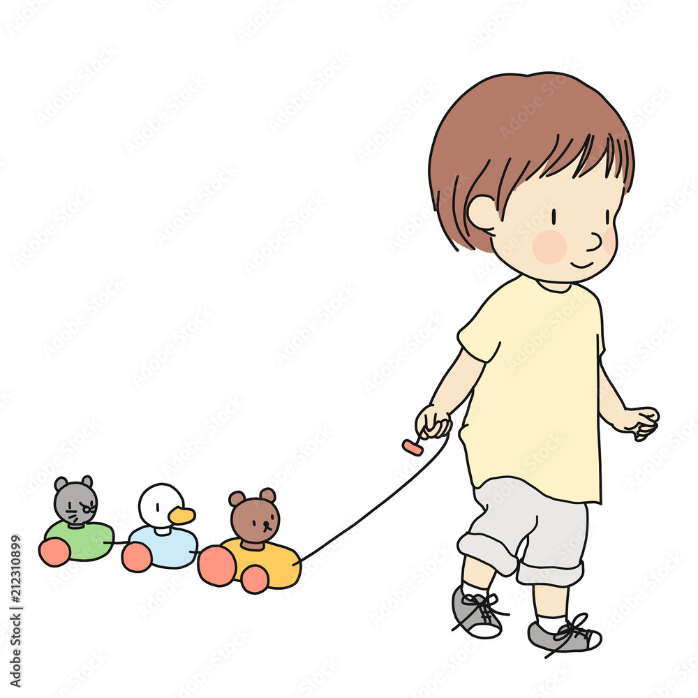 Vector illustration of little toddler pulling colorful wooden animal
