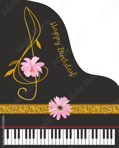 Happy birthday vertical greeting card with black grand piano, golden ribbon, treble clef in form of cosmos flower, pink daisy and text in vector.