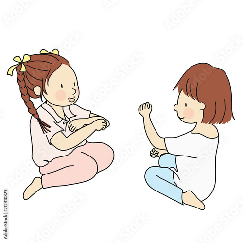 Vector illustration of two little kids playing Rock, Paper, Scissors hand game. Early childhood development, friend, friendship concept. Cartoon character drawing style. Isolated on white background.