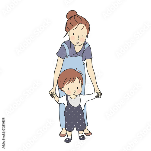 Vector illustration of little toddler first steps. Mother holding baby hand and helping him learn to walk. Early childhood development, family, happy mother's day concept. Cartoon character drawing.