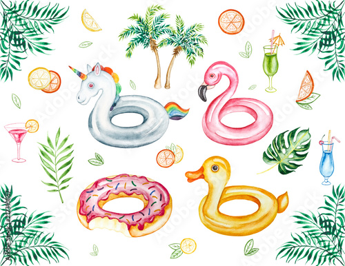Watercolor beach tropical  set. Hand drawn summer objects  citrus  cocktails  palm  leaves and inflatable pool floats. Illustration isolated on white background.