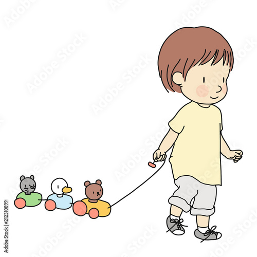 Vector illustration of little toddler pulling colorful wooden animal pull along train toy. Early child development activity, education, learning, child playing concept. Cartoon character drawing.