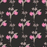 Seamless natural pattern with branches of virgin grapes, flowers and leaves of phyllocactus isolated on black background in vector. Print for fabric, wallpaper.