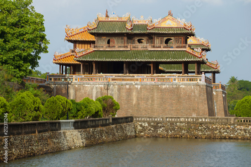 The noonday gates of the forbidden imperial city. Side view. Hue, Vietnam