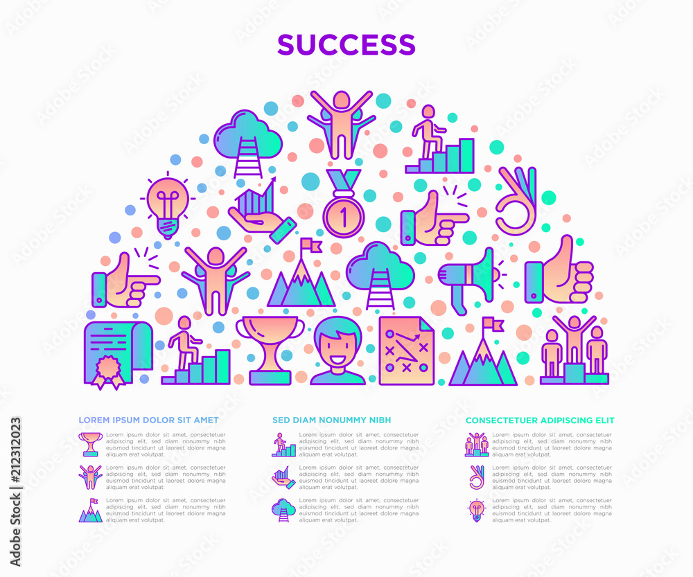 Success concept in half circle with thin line icons: trophy, idea, mountain peak, career, bullhorn, strategy, ladder, winner, medal, award, good choice, easy, certificate. Modern vector illustration.