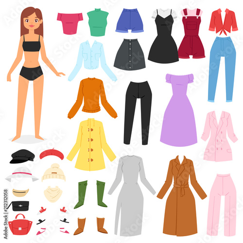 Clothes woman vector beautiful girl and dress up or clothing with fashion pants dresses or shoes illustration girlie set of female cloth hat or coat isolated on white background
