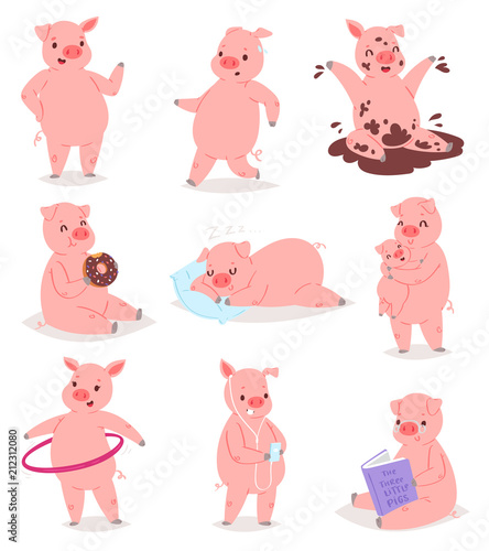 Cartoon pig vector piglet or piggy character and pink piggy-wiggy playing in puddle illustration piggish set of piggery mom hugging pigling baby isolated on white background