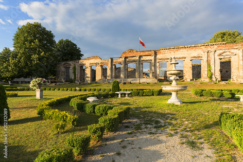 Ruins of 18th century classical palace, manor complex at sunset, situated on the Nida River near Jedrzejow, Sobkow, Poland © mychadre77