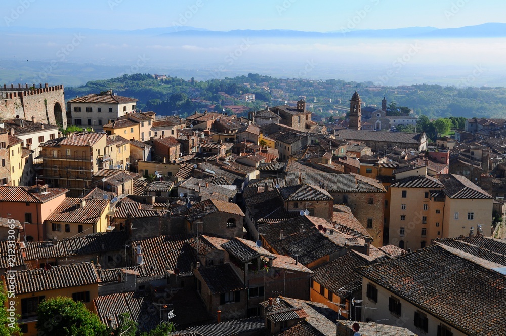 The City Town and landscape of Montepulciano at sunrise in the morining  in Tuscany, Italy