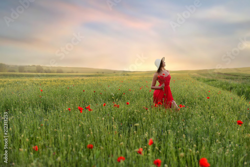 Beautiful young woman in red dress and white hat walks around field with poppies in a beautiful summer evening