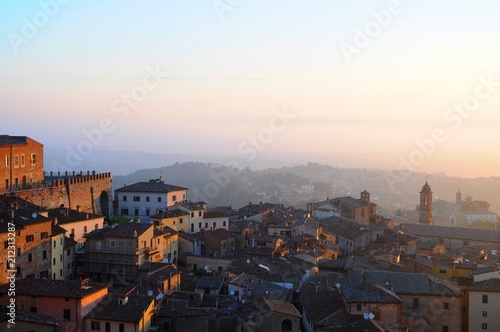 The City Town and landscape of Montepulciano at sunrise in the morining in Tuscany, Italy