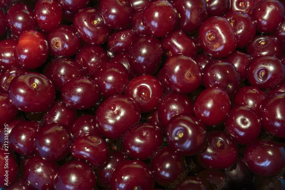 Full Frame Shot Of Red Cherries. Cherries background. Cherry with drops. Food background. Full Frame Shot Of Red Cherries. Cherries background. Cherry with drops. Food background.