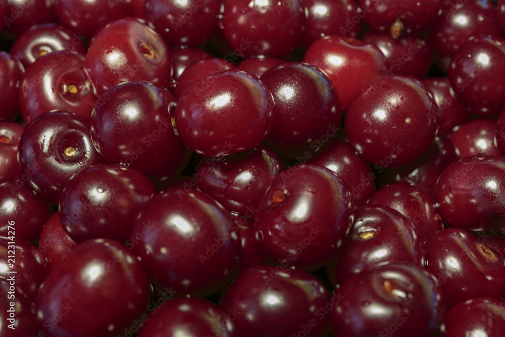 Full Frame Shot Of Red Cherries. Cherries background. Cherry with drops. Food background. Full Frame Shot Of Red Cherries. Cherries background. Cherry with drops. Food background.