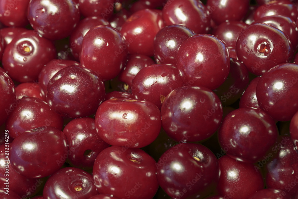 Full Frame Shot Of Red Cherries. Cherries background. Cherry with drops. Food background. Full Frame Shot Of Red Cherries. Cherries background. Cherry with drops. Food background.