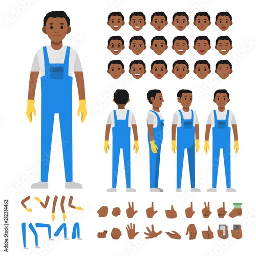African cleaning service man charcter set. Full length. Different view, emotion, gesture.

