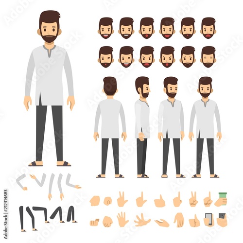 Arab man character set. Full length. Different view, emotion, gesture.
