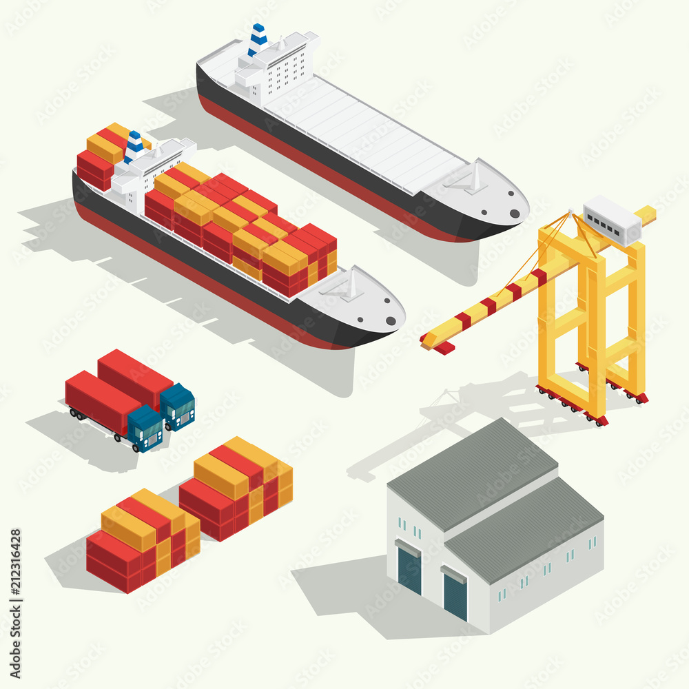Obraz premium Isometric cargo logistics and transportation container ship with crane import export transport industry set icon. illustration vector