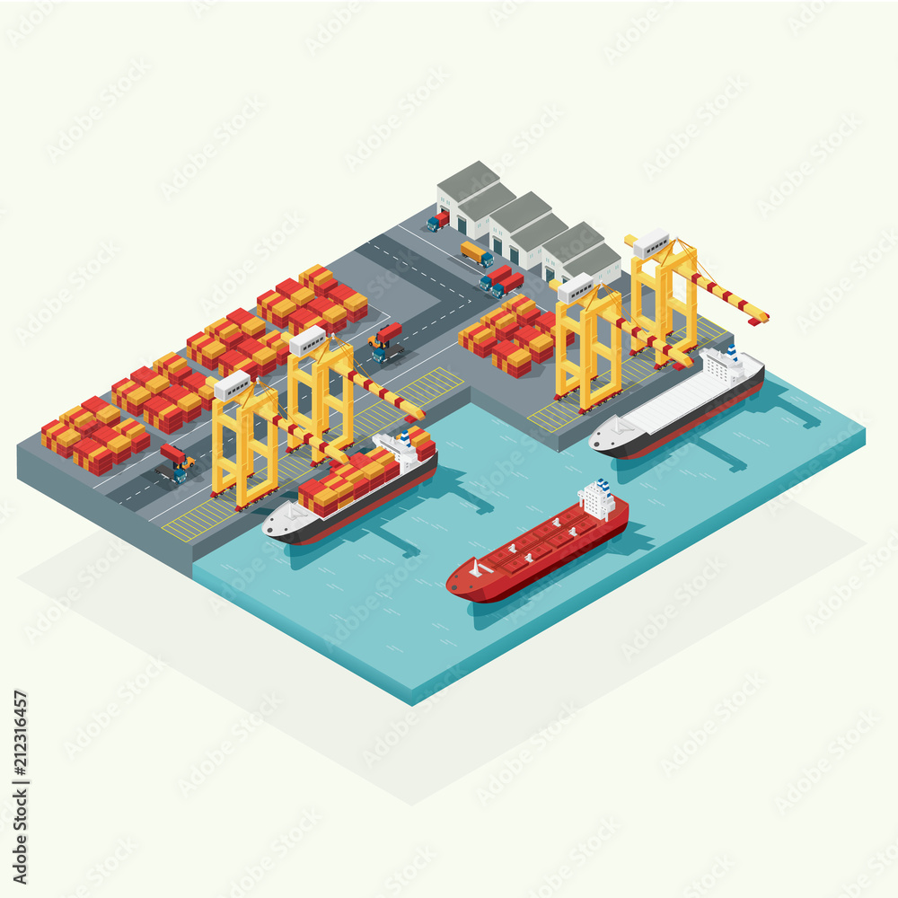 Naklejka premium Top view cargo logistics and transportation container ship with working crane import export transport industry in shipping yard. isometric illustration vector