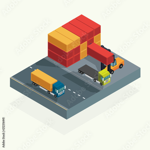 Cargo logistics truck and transportation container with forklift truck lifting cargo container in shipping yard. isometric illustration vector