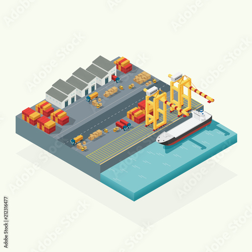 Top view cargo logistics and transportation container ship with working crane import export transport industry in shipping yard. isometric illustration vector