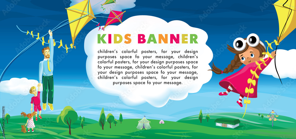 Children's banner. Children's camp, a flight to new adventures, funny vector cartoon, ready for your message. Vector illustration