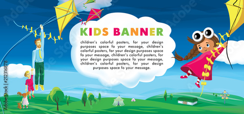 Children's banner. Children's camp, a flight to new adventures, funny vector cartoon, ready for your message. Vector illustration