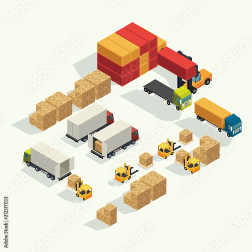 Cargo logistics truck and transportation container with forklift truck lifting cargo container in shipping yard. isometric illustration vector