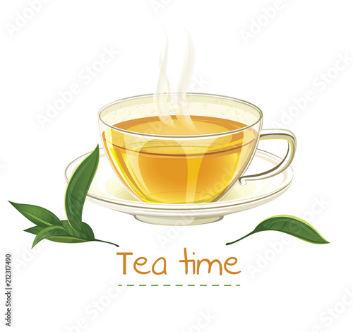 Tea time design template. Cup of tea vector illustration isolated on white background. Realistic mug and tea.