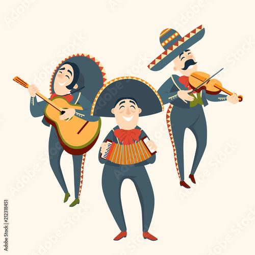 Mariachi band plays plays musical instruments. Mexican party. Set of vector illustrations.