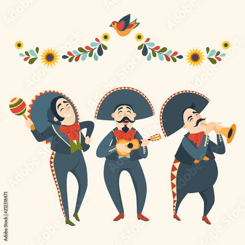 Mariachi band plays plays musical instruments. Mexican party. Set of vector illustrations. Mexican elements for decoration