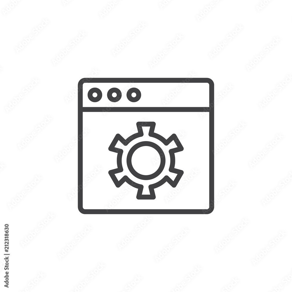 Browser settings outline icon. linear style sign for mobile concept and web design. Website with setting cogwheel simple line vector icon. Symbol, logo illustration. Pixel perfect vector graphics Browser settings outline icon. linear style sign for mobile concept and web design. Website with setting cogwheel simple line vector icon. Symbol, logo illustration. Pixel perfect vector graphics