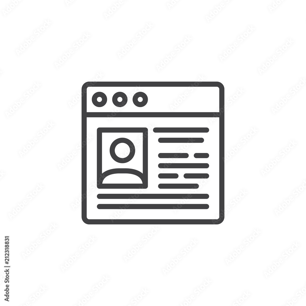 Website Cv outline icon. linear style sign for mobile concept and web design. Web browser with resume simple line vector icon. Symbol, logo illustration. Pixel perfect vector graphics Website Cv outline icon. linear style sign for mobile concept and web design. Web browser with resume simple line vector icon. Symbol, logo illustration. Pixel perfect vector graphics