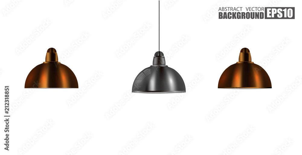 Vintage Metallic stylish hang ceiling cone lamp set. Original Retro design.  brass, and chrome color. Vector illustration Isolated on white background.  Stock Vector | Adobe Stock