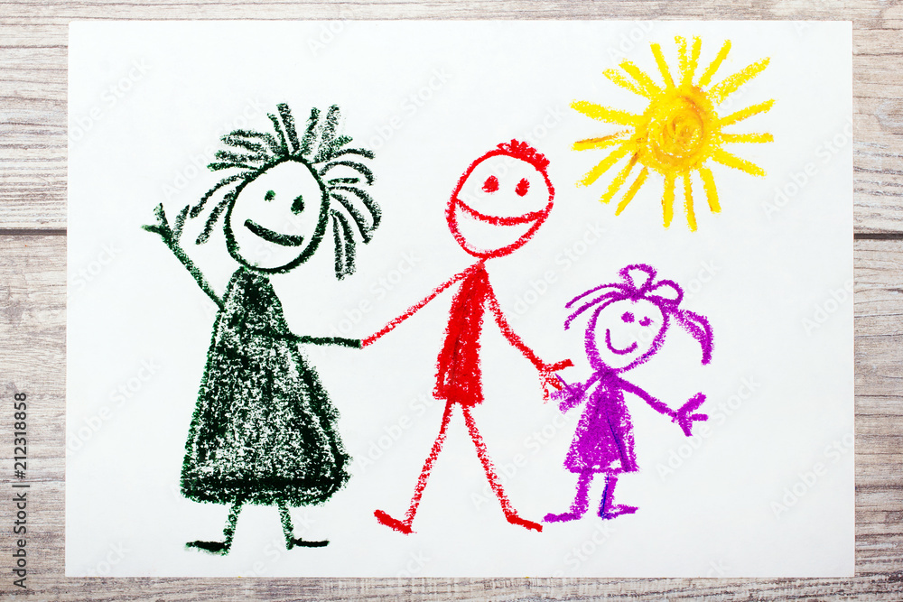 Photo of colorful hand drawing: Happy family. Mother, father and daughter.  foto de Stock | Adobe Stock