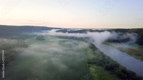 Wallpaper Mural River and field in the mist during sunrise. Natural aerial landscape at the summer time Torontodigital.ca
