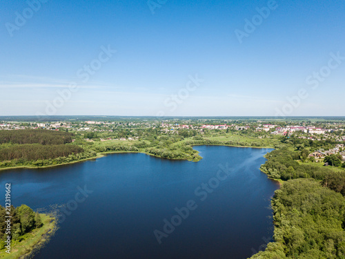 Beautiful aerial view of lake and forest district. Belarus is th