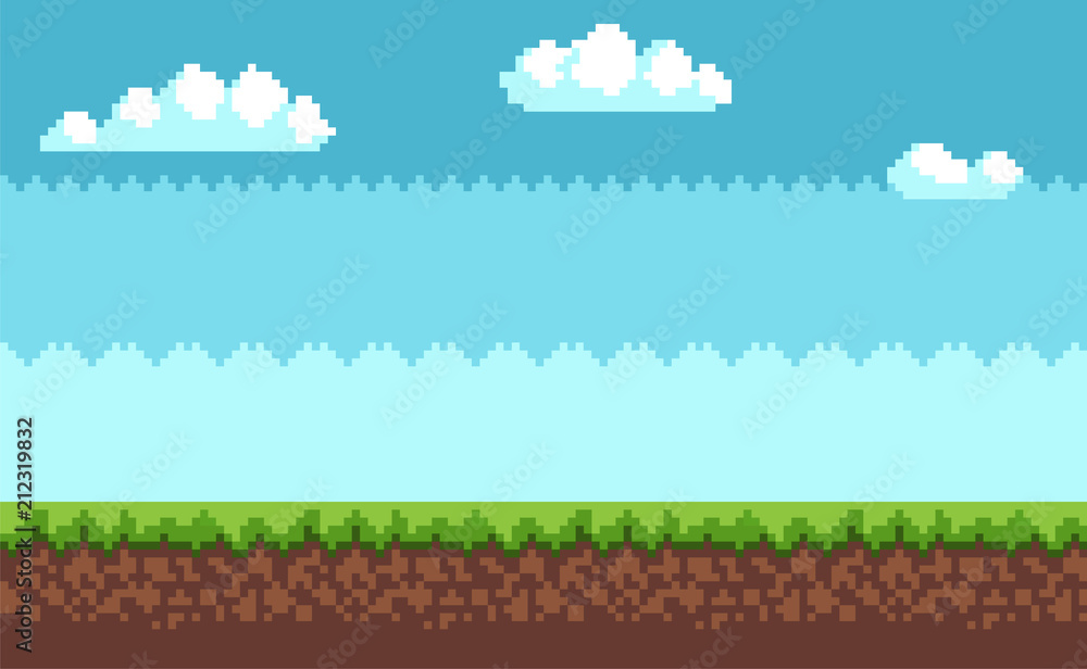 Naklejka premium Krajobraz Pixel Art Style Błękitne Niebo, Białe Chmury