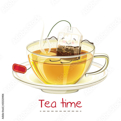 Vector image of a tea bag in the cup with hot water. Realistic mug, cute and smile.