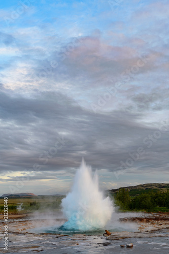 Strokkur geysir in the Golden Circle area of Iceland, which sprouts water 30 metres into the air every few minutes.