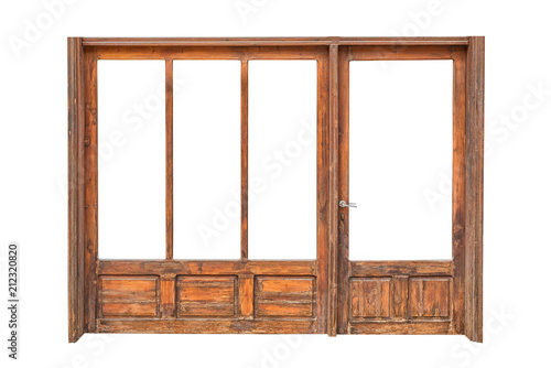 The wooden frame of a store front isolated on white background