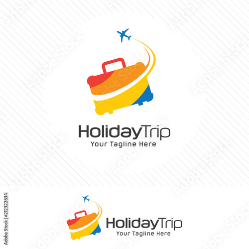 Travel and tour logo concept, suitcase icon with airplane symbol.