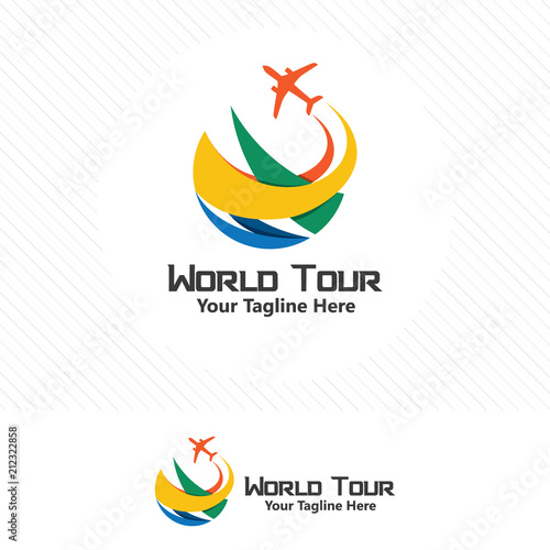 Colorful travel logo concept, airplane icon with abstract element.