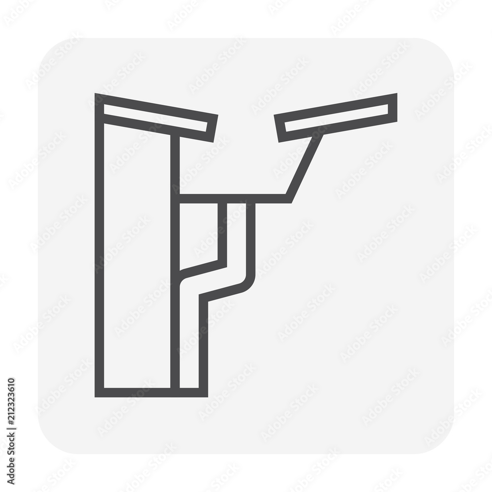 Fascia style gutter vector icon. Also call rain gutter or eavestrough. Include roof, downpipe or downspout and pipeline for water discharge and drainage system to protect building from rainwater fall. Fascia style gutter vector icon. Also call rain gutter or eavestrough. Include roof, downpipe or downspout and pipeline for water discharge and drainage system to protect building from rainwater fall.
