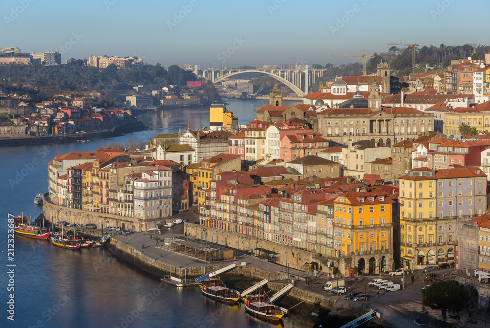 Old city of Porto view from the ponte Dom Luiz bridge at surise, Portugal