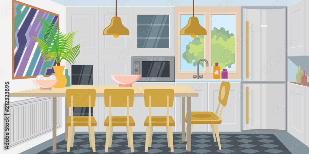 Obraz premium Modern cozy kitchen combined with dining room. Comfortable kitchen room equipped with appliances. Apartment concept. Vector illustration can be used for topics like home, flat, dwelling 